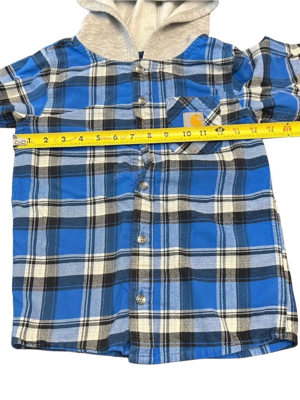Carhartt Boys Hooded Flannel Shirt Size 7 Blue Plaid Button Down 100% Cotton
